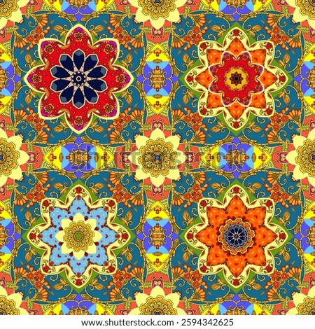 Amazingly beautiful seamless ethnic pattern with bright medallions and flower mandalas in vector.
