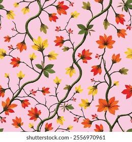 Amazingly colorful and rich foliage flowers seamless pattern design