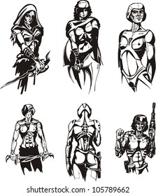 Amazon Cyborgs. Set of black and white vector illustrations.