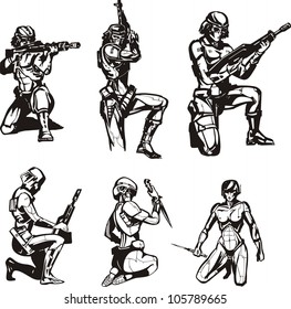 Amazon Cyborgs. Set of black and white vector illustrations.