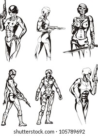 Amazon Cyborgs. Set of black and white vector illustrations.
