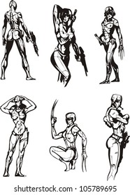 Amazon Cyborgs. Set of black and white vector illustrations.