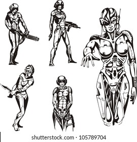 Amazon Cyborgs. Set of black and white vector illustrations.
