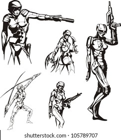 Amazon Cyborgs. Set of black and white vector illustrations.