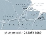 Amazon Delta, gray political map. River delta formed by the Amazon and Tocantins River in northern South America, located in the Brazilian states of Amapá and Pará and encompasses Marajó Archipelago.