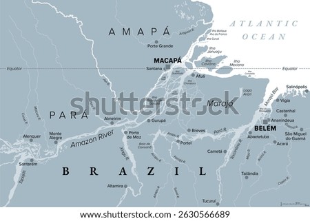 Amazon Delta, gray political map. River delta formed by the Amazon and Tocantins River in northern South America, located in the Brazilian states of Amapá and Pará and encompasses Marajó Archipelago.