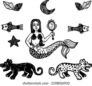 Amazon elements, mermaid, jaguar, fish, in woodcut style