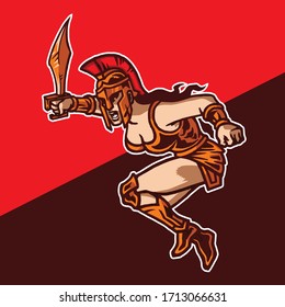 Amazon Female Warrior Holding Sword and Jumping to Attack