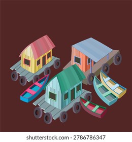 Amazon Floating Houses and River Boats Illustration