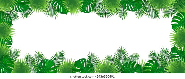 Amazon foliage vector background. tropical rainforest border frame with exotic tropic leaves, jungle plants and grass. Summer, travelling vacation card for textile print, invitation and promo designs