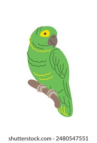 Loro verde del Amazonas animal de compañía doodle dibujado a mano personaje. Lindo pájaro de la selva exótica sonriente en estilo de dibujos animados lineal. Ilustración de trazo editable