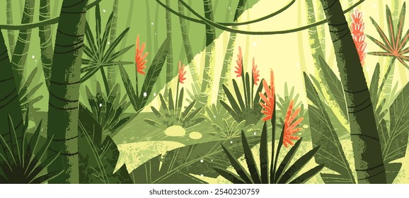 Amazon jungle landscape background. Rainforest scenery backdrop. Exotic nature, bamboo woodland, rain forest with palm trees, lianas, tropical flowers, green leaves, foliage. Flat vector illustration