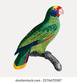 Amazon parrot bird sticker, vintage animal illustration, green bird vector element. Green colored bird animal drawing illustration, vintage style art work of animal. Bird vintage artwork.