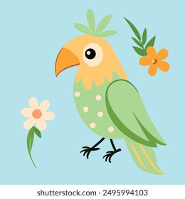 Amazon parrot, green body, light orange head, black legs, polka dot body, two wild flowers, red and light orange, cute cartoon character, cheeky vector