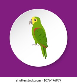 Amazon parrot icon in flat style on round button. Exotic tropical bird symbol isolated. Amazona ochrocephala.