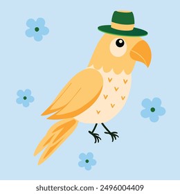 Amazon parrot with a light orange body, black legs, an arrow pattern on body, looking closely at the hat on its head. blue wildflower Cute cheeky vector
