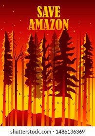 Amazon rain forest fire 2019 illustration in vector file