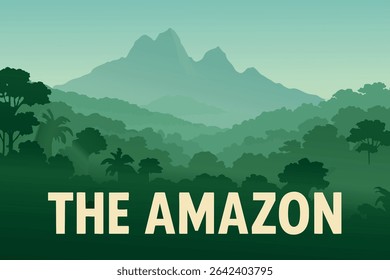 The Amazon rainforest comes alive in the early morning mist, where towering mountains are enveloped in fog. 