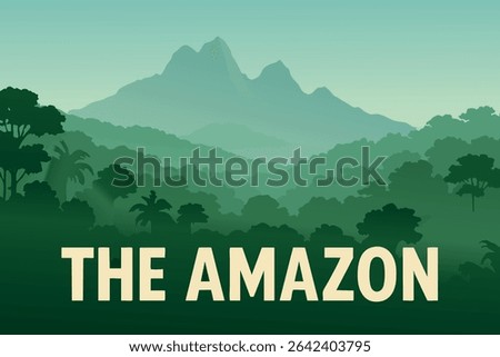 The Amazon rainforest comes alive in the early morning mist, where towering mountains are enveloped in fog. 