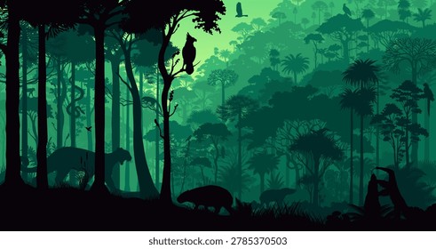 Amazon Rainforest Jungle Background with Layered Forest with animals