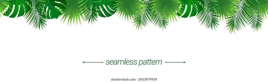 Hoja tropical de la selva tropical del Amazonas sin patrón. Ilustración vectorial de fondo de verano. Marco de borde de plantilla de follaje tropical. Plantas de la selva repiten cartel. Fondo verde con exuberante hoja de palma de coco