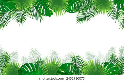 Hojas tropicales de selva tropical amazónica patrón sin fisuras. Ilustración vectorial. Marco de borde de Plantilla de follaje selvático. Plantas tropicales de Anuncio repetido. Fondo verde con hoja de palma de coco. Fondo de verano