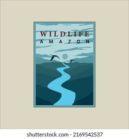 Amazon River With Bird Poster Vintage Minimalist Vector Illustration Template Graphic Design. Wildlife Outdoors Forest With Blue Sky Banner For Environment Concept Or Business Travel