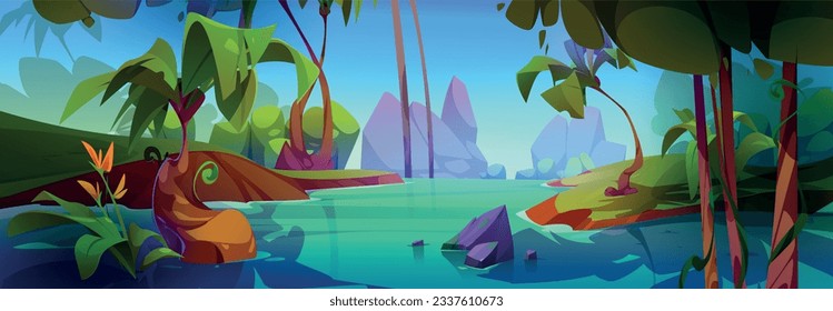 Amazon river in jungle forest. Tropical nature scene with rainforest landscape with water, bushes, trees, tropic plants and mountains, vector cartoon illustration