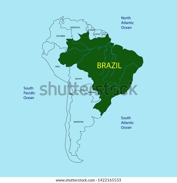 Amazon river map in green color on blue background. Vector illustration