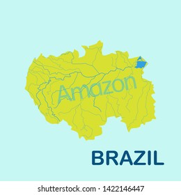 Amazon river map in yellow color on blue background. Vector illustration of amazon map Brazil. text Brazil in the corner of illustration