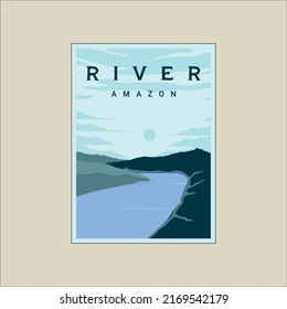 diseño gráfico de la plantilla de ilustración vintage minimalista de la ilustración vectorial de amazon river poster. fauna silvestre al aire libre bosque con banner azul cielo para concepto de medio ambiente o viajes de negocios