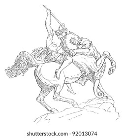 Amazon / sculpture by Kiss / vintage illustration from Meyers Konversations-Lexikon 1897