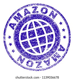 AMAZON stamp imprint with distress effect. Blue vector rubber seal imprint of AMAZON label with dirty texture. Seal has words placed by circle and planet symbol.