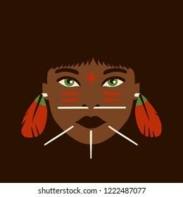 Amazon tribal kid vector portrait - Realistic flat style graphic illustration of amazonian young hunter