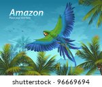 Amazon. Tropical background with parrots and palm trees.