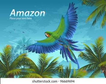 Amazon. Tropical background with parrots and palm trees.