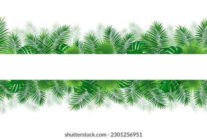Amazon tropical leaves seamless pattern with place for text. vector illustration. Rainforest foliage template border frame. Jungle plants repeated banner. Green backdrop with tropic palm leaf monstera