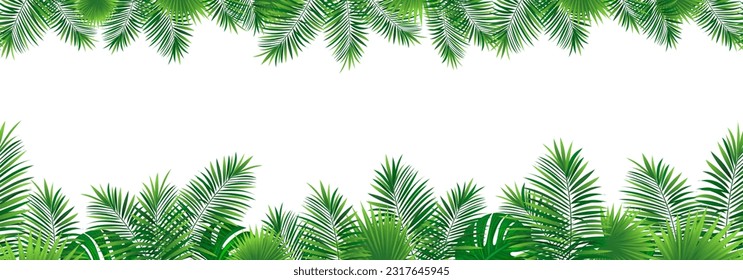 Amazon tropical leaves seamless pattern. vector illustration. Rainforest foliage template border frame. Jungle plants repeated banner. Green backdrop with tropic palm leaf monstera. Summer background.