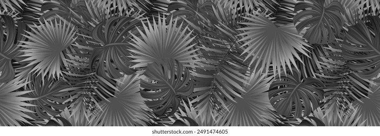 Amazon tropical leaves seamless pattern vector illustration. Rainforest foliage template background. Jungle plants repeated banner. Black colors backdrop with tropic palm leaf. Summer wallpaper