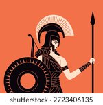 amazon warrior with shield and spear in orange greek vase style