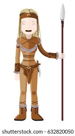 amazon warrior vector illustration, blonde nomad woman dressed in leather and furs with a spear, flat style