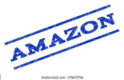 Amazon watermark stamp. Text tag between parallel lines with grunge design style. Rotated rubber seal stamp with scratched texture. Vector blue ink imprint on a white background.