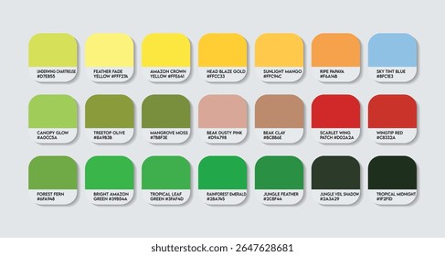 Paleta de cores Amazona oratrix. Gráfico de amostra de tom de cor amazon de cabeça amarela com códigos HEX e nomes de cores. dupla amazon de cabeça amarela Difusão e cores do corpo tons variantes.