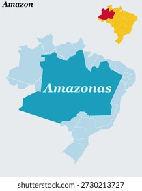 Mapa e Bandeira do Amazonas Brasil - Maior Estado, Capital de Manaus e Contorno Vetorial da Floresta Amazônica