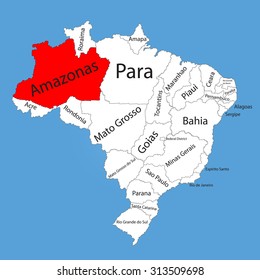 Amazonas, Brazil, vector map isolated on Brazil map. Editable vector map of Brazil.