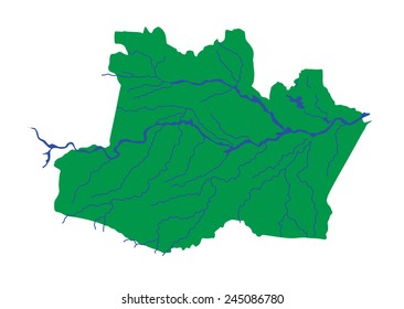 Amazonas, Brasilien, Vektorgrafik-Silhouette einzeln auf weißem Hintergrund. Hochdetaillierte Illustration. Amazonas Karte mit Fluss. Gebiet der Provinz Südamerika.