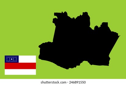 Amazonas, Brazil, vector map silhouette and flag isolated on background. High detailed illustration. Original Amazon flag isolated vector in official colors and Proportion Correctly. Brasil country.