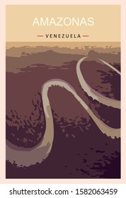 Amazonas retro poster. Amazonas travel illustration. States of Venezuela greeting card. 