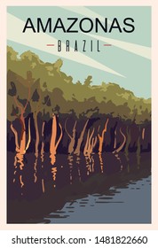 Amazonas river retro poster. Amazonas travel illustration. States of Brazil greeting card. 