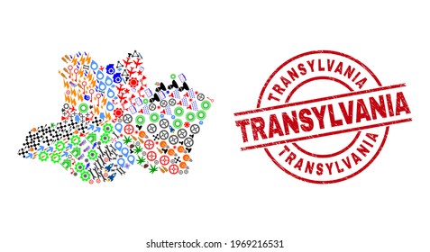 Amazonas State map collage and textured Transylvania red circle seal. Transylvania seal uses vector lines and arcs. Amazonas State map collage includes markers, houses, wrenches, bugs, hands,